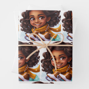 Skating Brown Skin Girl in the snow Wrapping Paper Sheets