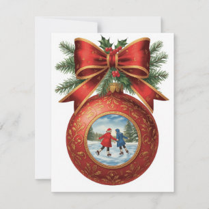 Skating Children Ornament Red Bow Christmas Holiday Card