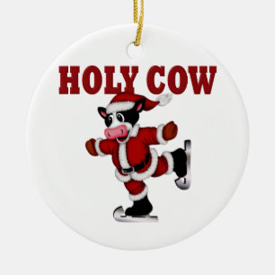 Skating Christmas Cow Ceramic Ornament