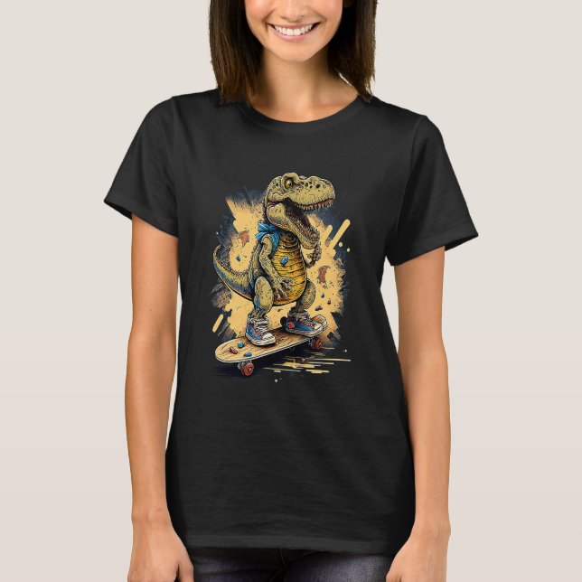 Skating Dinosaur rex on Skateboard T-Shirt (Front)