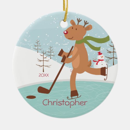 Skating Hockey Reindeer Dated Christmas Ornament