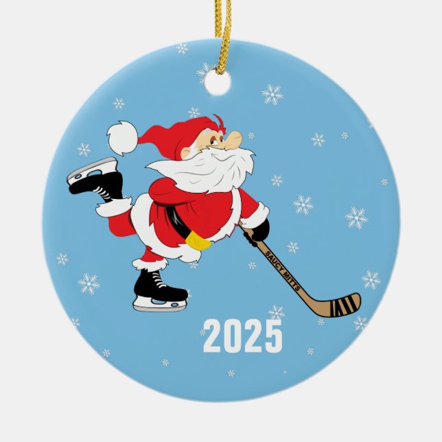 Skating Hockey Santa Christmas Year Ceramic Ornament (Front)