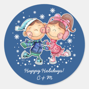 Skating Kids Custom Monograms Christmas Classic Round Sticker
