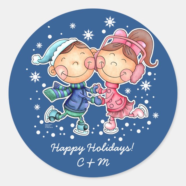 Skating Kids | Custom Monograms Christmas  Classic Round Sticker (Front)
