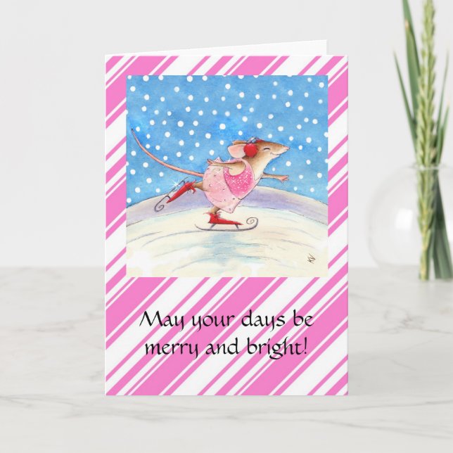 Skating Mouse Pink Christmas greeting card (Front)