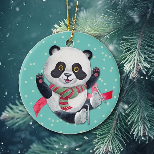 Skating Panda Bear Grandchild Christmas Ceramic Ornament