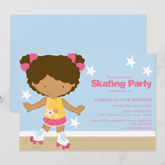 Skating Party | African American girl Invitation (Front/Back)