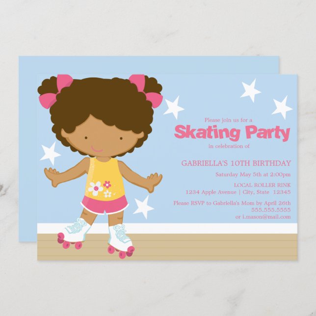Skating Party | African American girl Invitation (Front/Back)