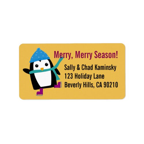 Skating Penguin Address Labels Yellow Background Label