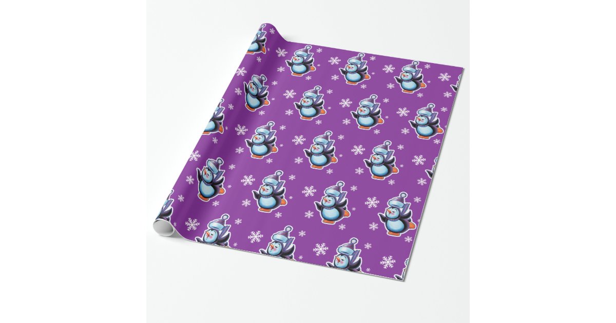 Skating penguin glossy purple wrapping paper