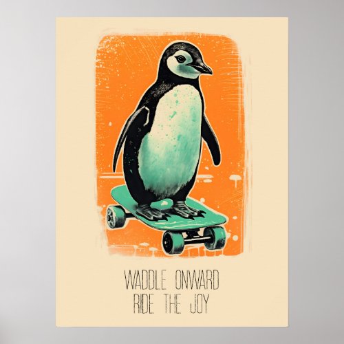 Skating Penguin orange and turquoise Poster