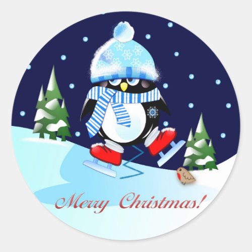 Skating penguin with Christmas text Classic Round Sticker