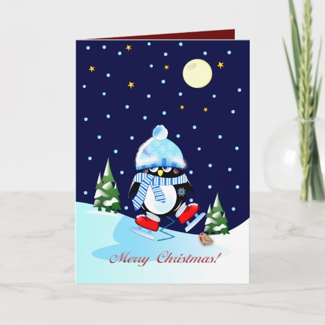 Skating penguin with custom Christmas text Holiday Card (Front)