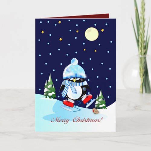 Skating penguin with custom Christmas text Holiday Card