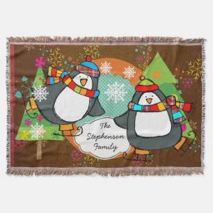 Skating Penguins and Christmas Trees Holiday Throw Blanket