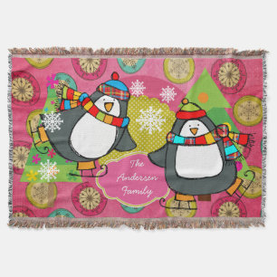 Skating Penguins and Christmas Trees Holiday Throw Blanket