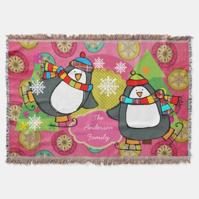 Skating Penguins and Christmas Trees Holiday Throw Throw Blanket (Front)
