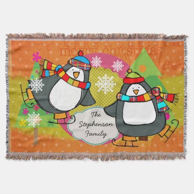 Skating Penguins and Christmas Trees Holiday Throw Throw Blanket (Front)