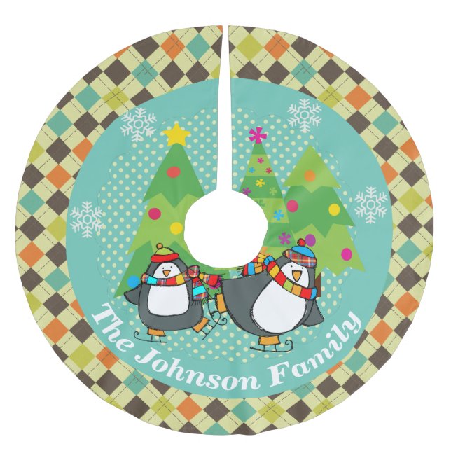 Skating Penguins And Christmas Trees Tree Skirt 2 (Front)