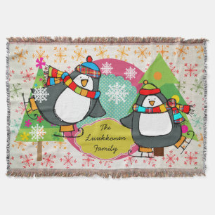 Skating Penguins and Snowflakes Holiday Throw Blanket