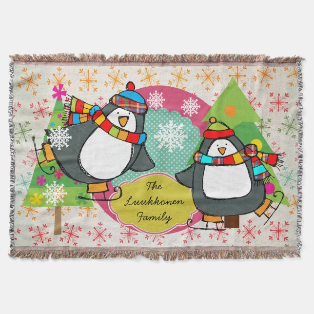 Skating Penguins and Snowflakes Holiday Throw Throw Blanket (Front)