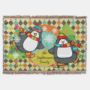 Skating Penguins Argyle Christmas Holiday Throw Throw Blanket