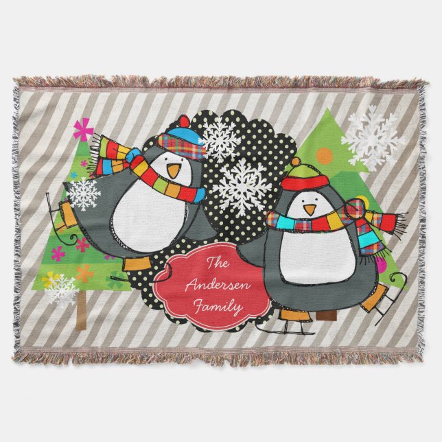 Skating Penguins Personalized Holiday Throw Blanket (Front)