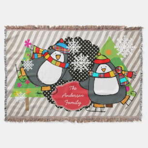 Skating Penguins Personalized Holiday Throw Throw Blanket