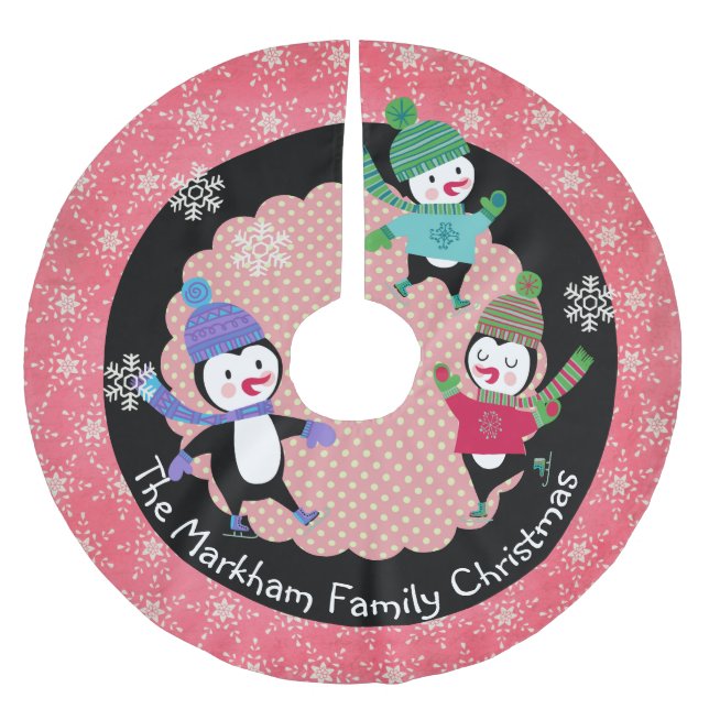 Skating Penguins Personalized Holiday Tree Skirt (Front)