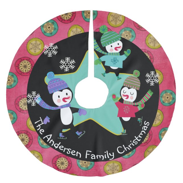 Skating Penguins Personalized Holiday Tree Skirt 3 (Front)