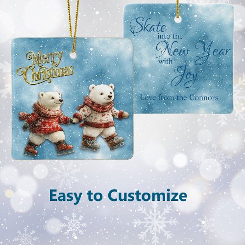Skating Polar Bears Christmas New Year Ceramic Ornament