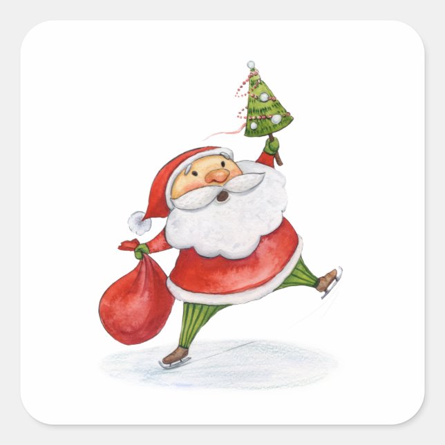 Skating Santa Cute Christmas watercolor drawing Square Sticker (Front)