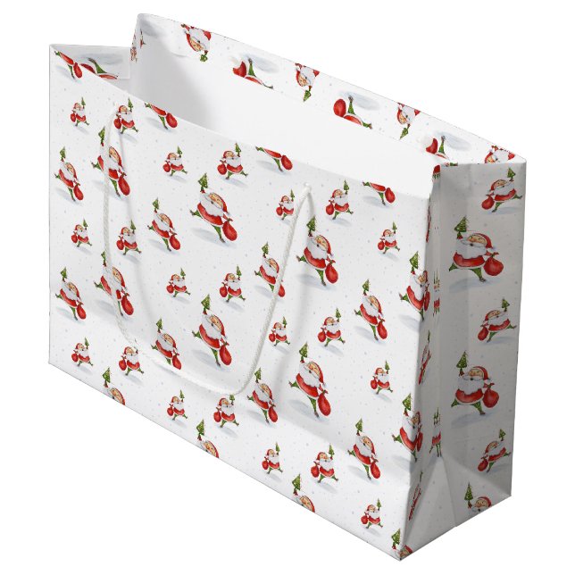 Skating Santa Cute Christmas Watercolor Pattern Large Gift Bag (Front Angled)