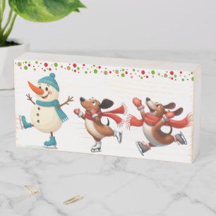 Skating Snowman and Dachshunds Wood Box Sign