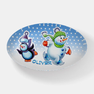 Skating Snowman Christmas glass oval paperweight