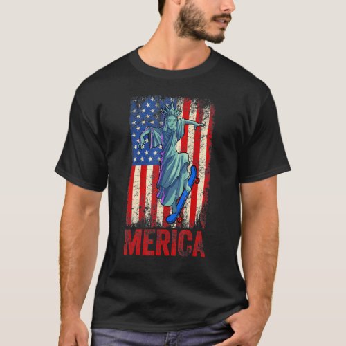 Skating Statue Of Liberty 4th Of July Boys Men Ame T_Shirt