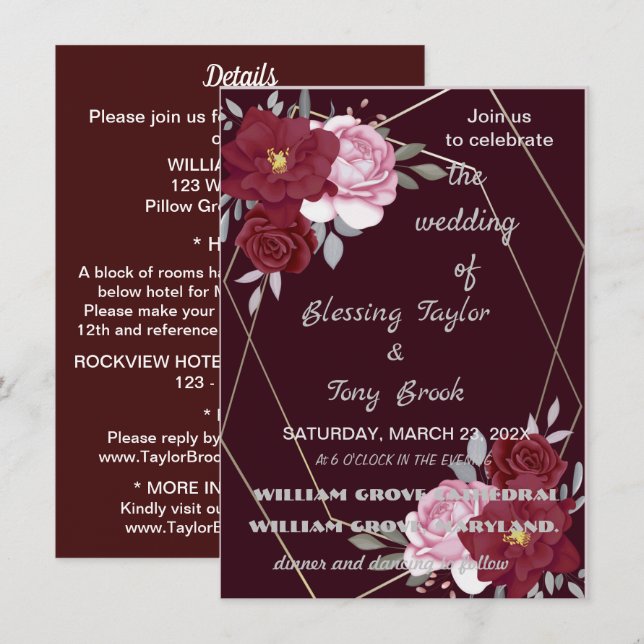 Skaymarts | Maroon Elegant Calligraphic Wedding  I Invitation (Front/Back)