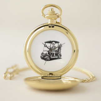 Skeletal Golfer Skull Playing Golf Pocket Watch