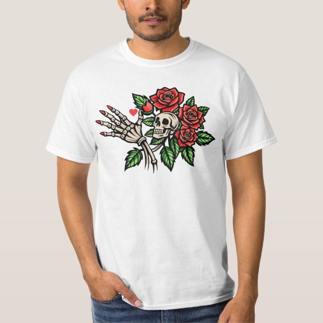 Skeletal Hand Holding Red Roses Self-Care T-Shirt  (Front)