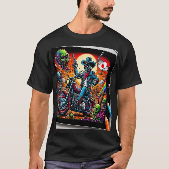 Skeletal Knight on Bike in Zombie Apocalypse T-Shirt (Front)