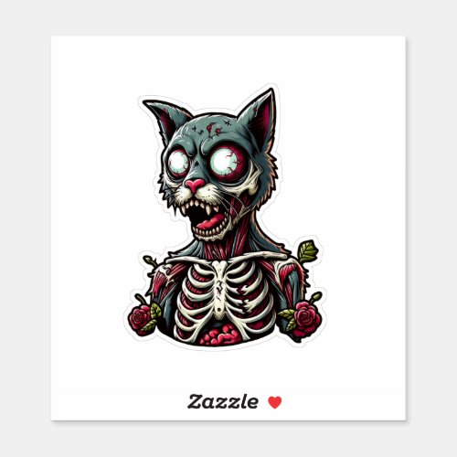 Skeletal Zombie Cat With Roses Sticker