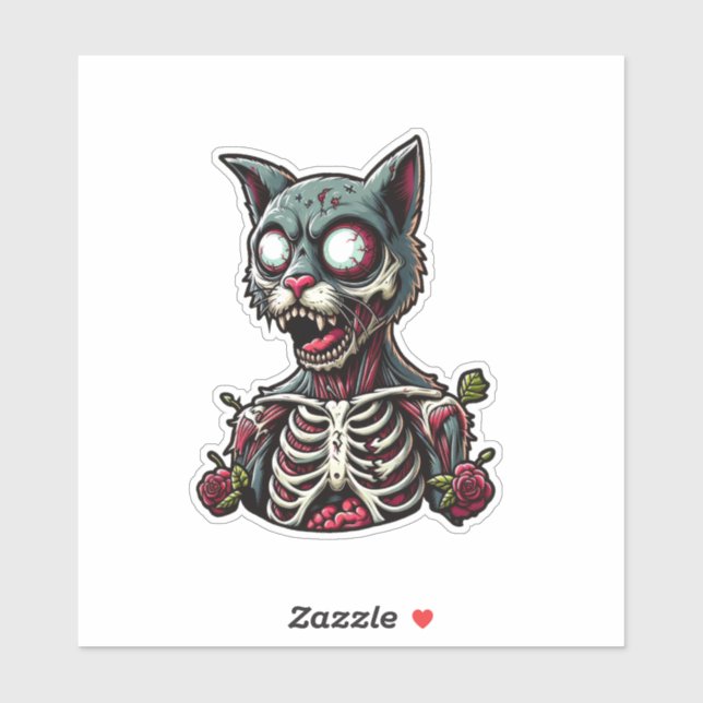 Skeletal Zombie Cat With Roses Sticker (Sheet)