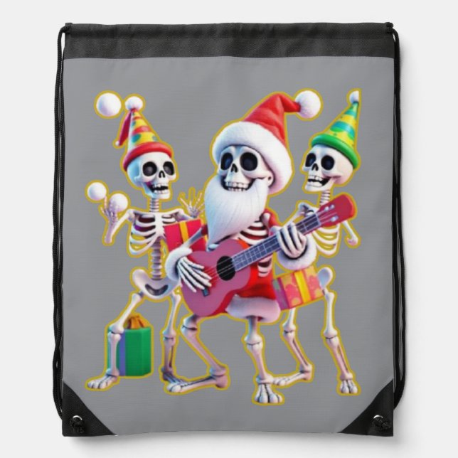 **Skeleton 3D Christm Santa Party – Funnyas Skelet Drawstring Bag (Front)