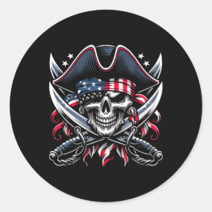 Skeleton 4th Of July Pirate Men Usa Skull American Classic Round Sticker