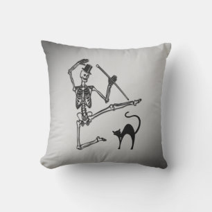 Skeleton and Black Cat Dance Halloween Outdoor Pillow