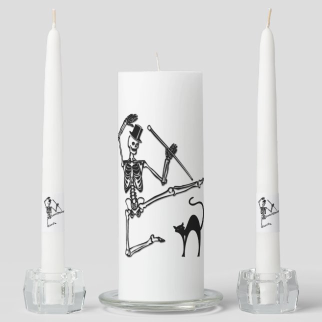 Skeleton and Black Cat Dance Halloween Unity Candle Set (Front)