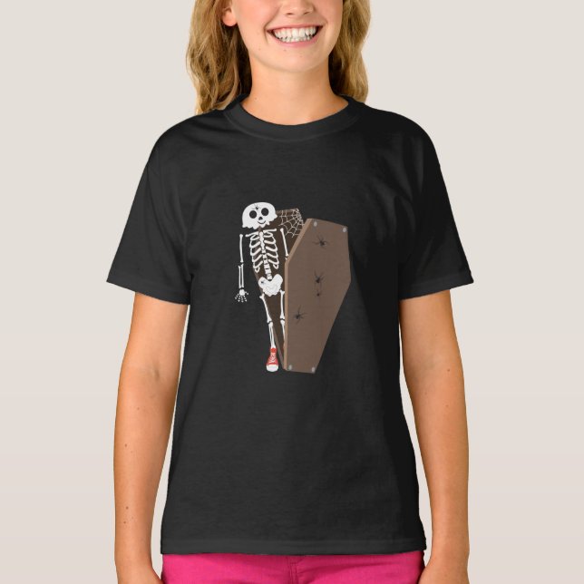 Skeleton and Coffin Halloween Design T-Shirt (Front)