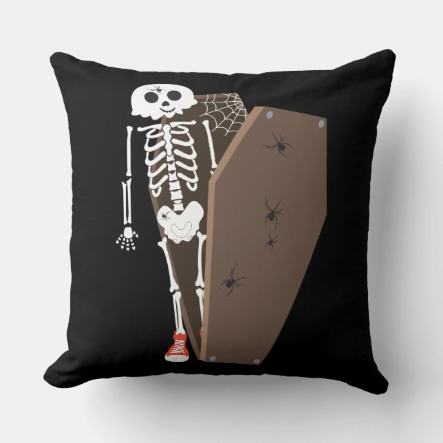 Skeleton and Coffin Halloween Design Throw Pillow (Front)