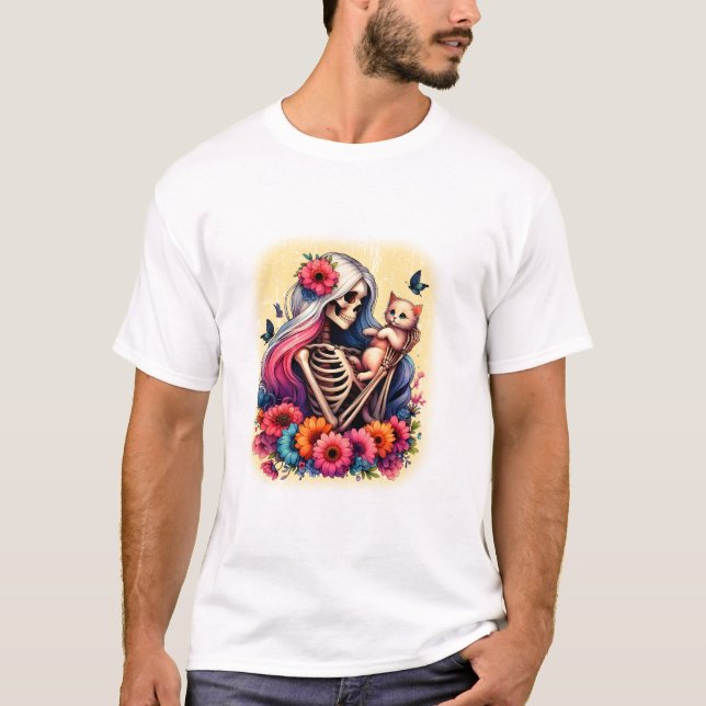 Skeleton And Cute Kitten T-Shirt (Front)