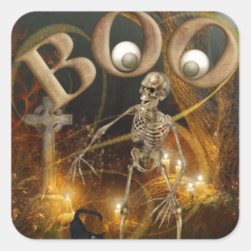 Skeleton and Grave Halloween Square Sticker